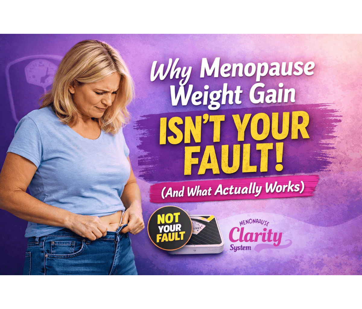 Woman struggling with menopause weight gain looking at tight jeans feeling frustrated