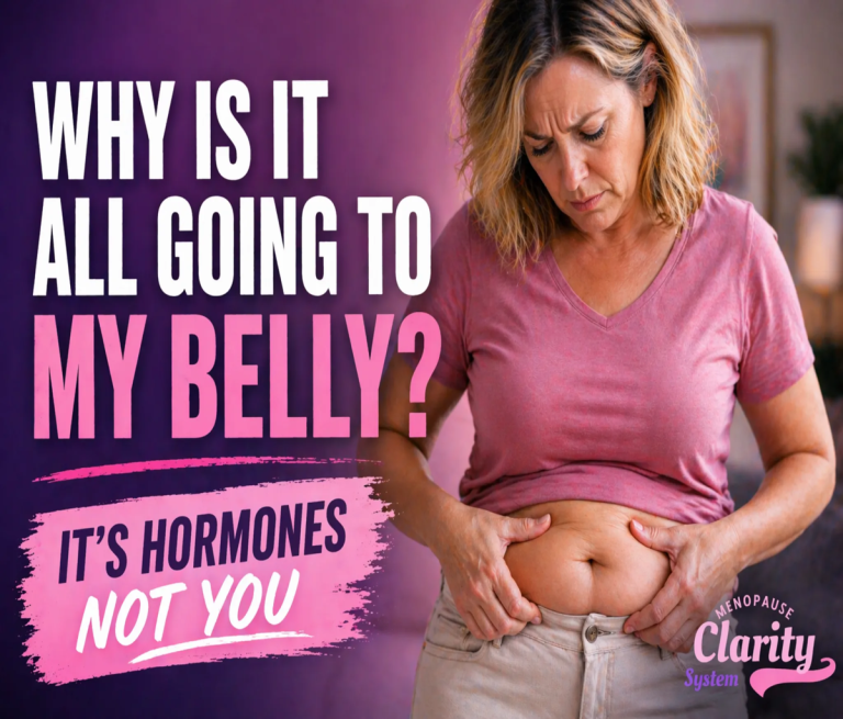 Woman experiencing menopause belly fat looking frustrated at stomach area