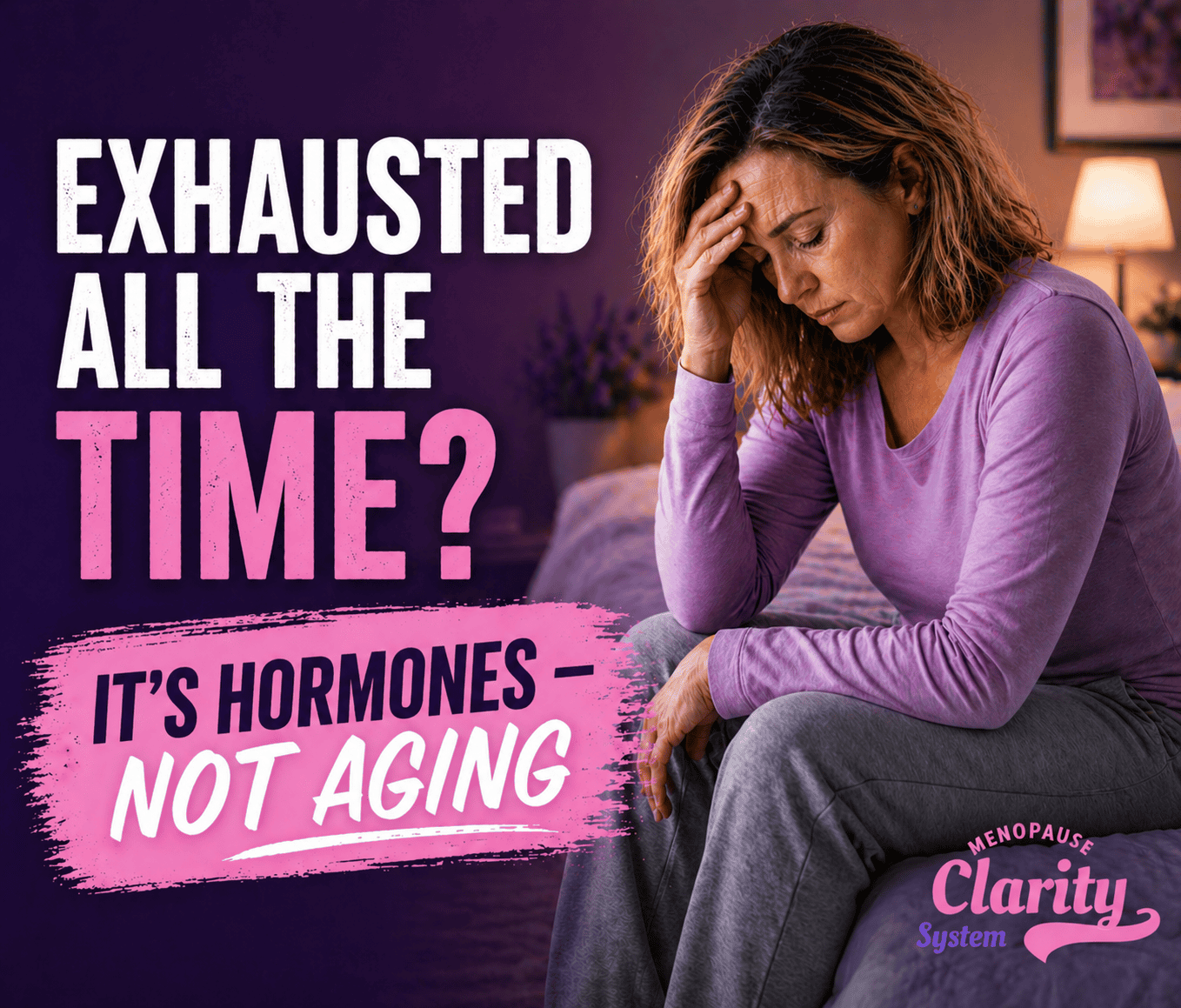Woman experiencing menopause fatigue sitting exhausted on bed with low energy and burnout