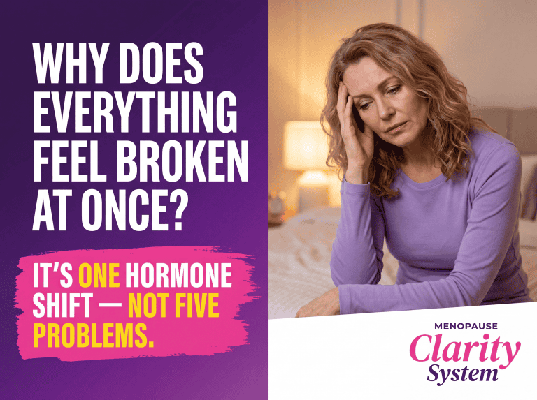 Woman in her late 40s sitting on a bed with her head in her hand, looking exhausted, next to text explaining that menopause symptoms are connected by one hormonal shift