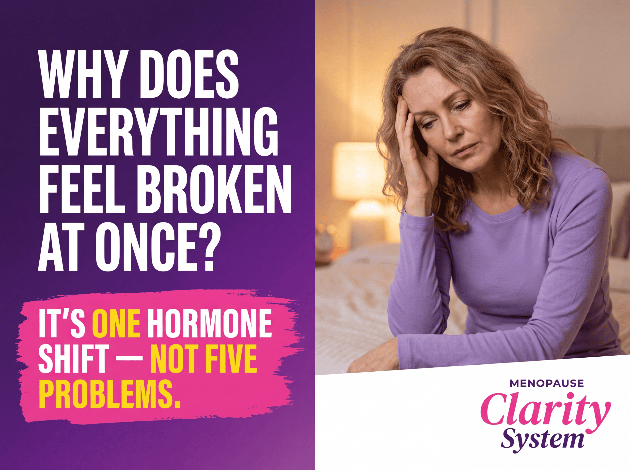 Woman in her late 40s sitting on a bed with her head in her hand, looking exhausted, next to text explaining that menopause symptoms are connected by one hormonal shift